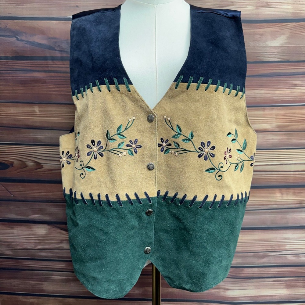 TanTrums Vintage Suede Leather Floral Embroidered Vest Boho Western 1X Navy